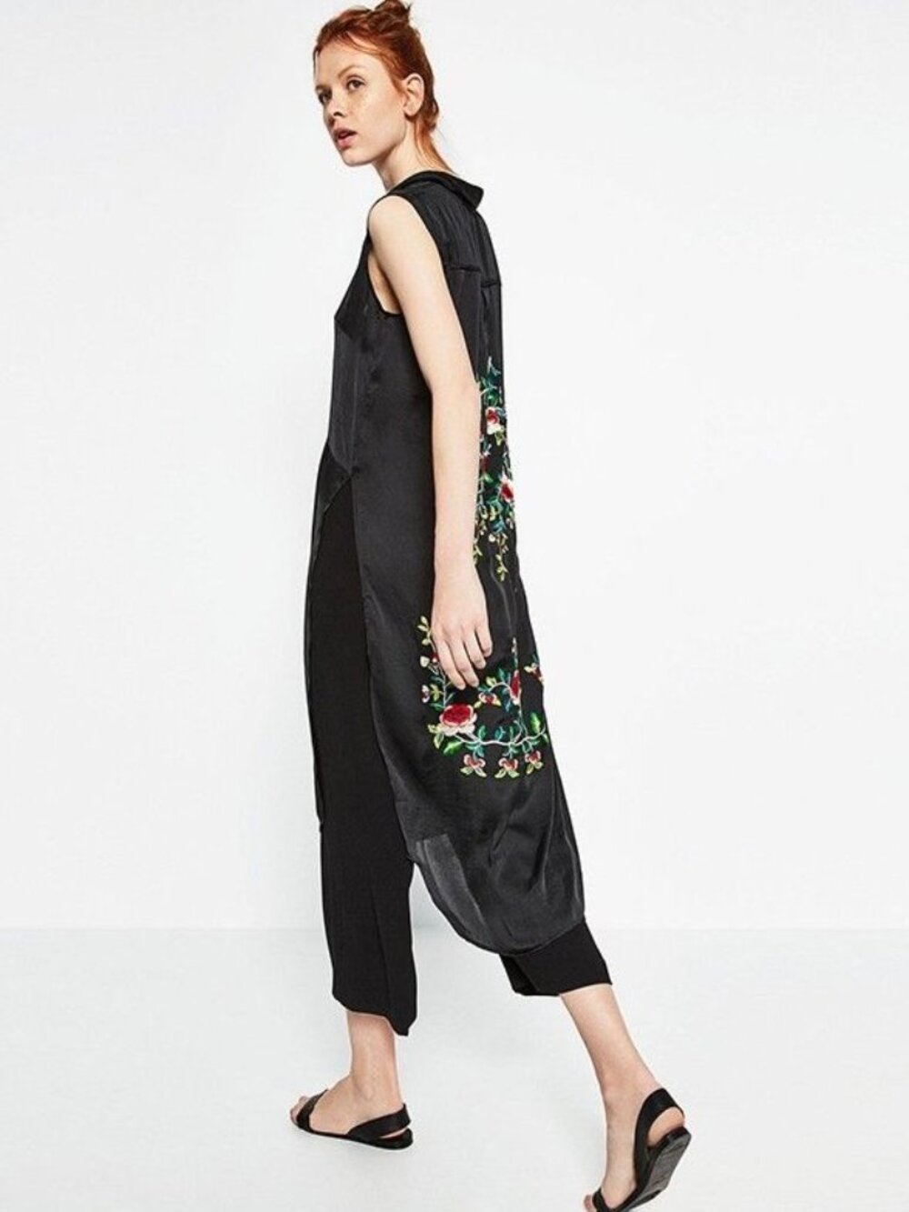 ZARA Black Satin Longline Sleeveless Shirt Dress Floral Embroidery